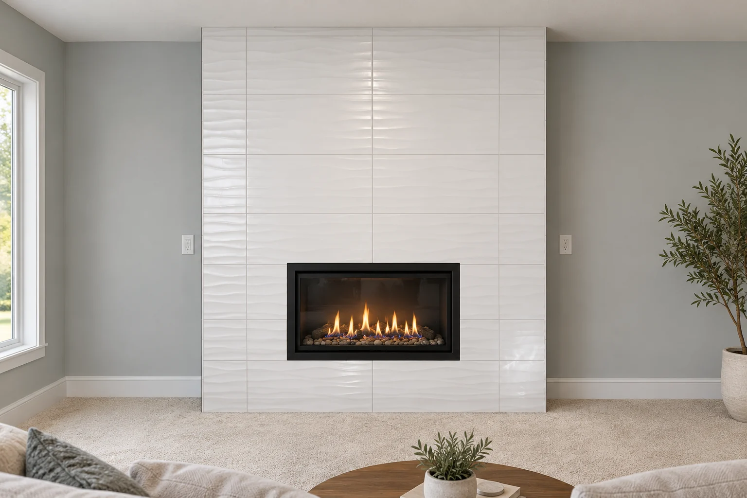 Completion visualization: textured white fireplace