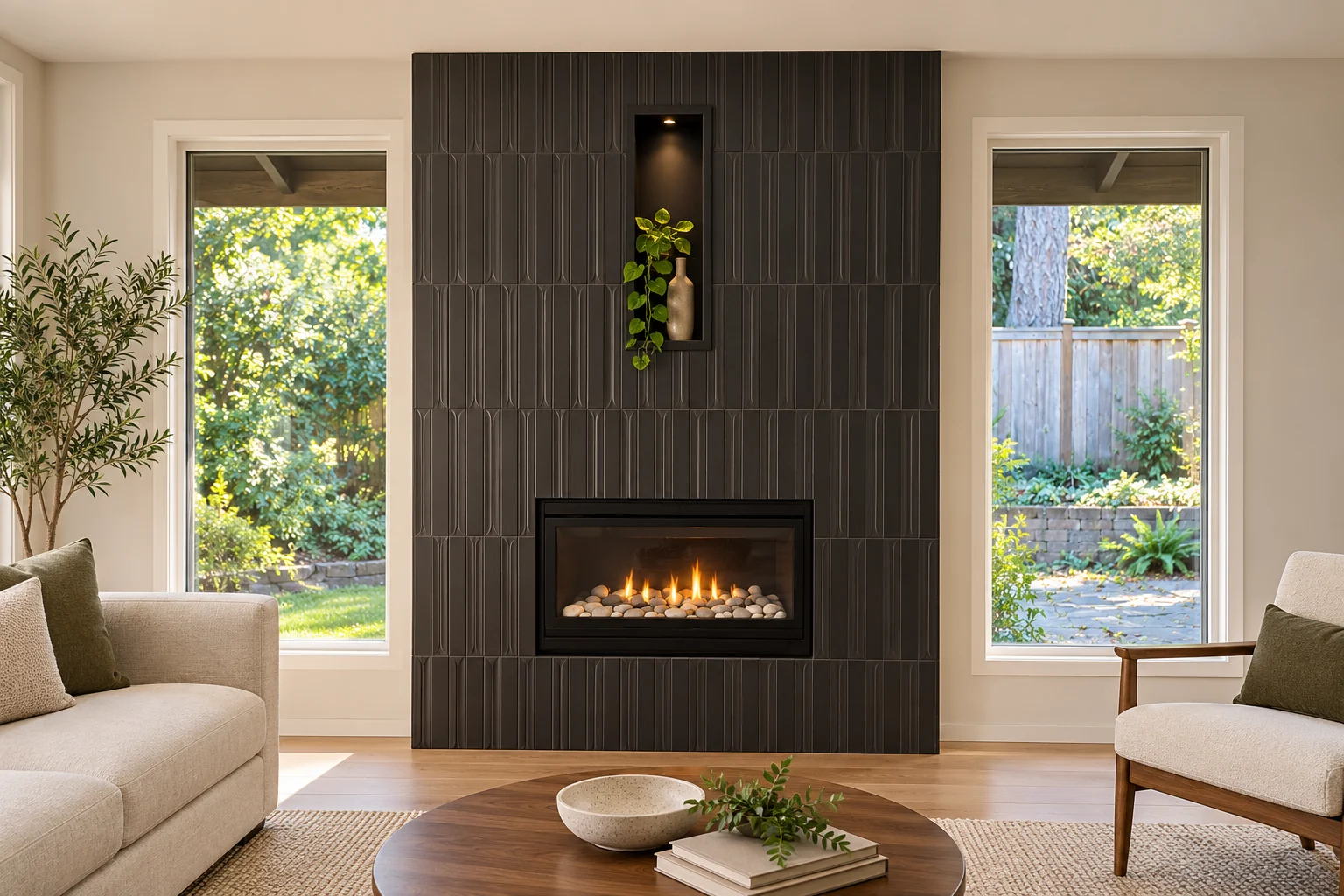 Completion visualization: charcoal fireplace feature